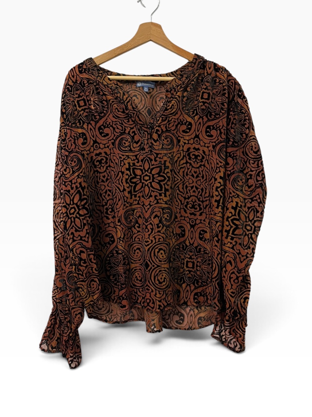 Democracy Burnout Blouse Women’s XL Brown Semi Sheer Boho V Neck Lightweight